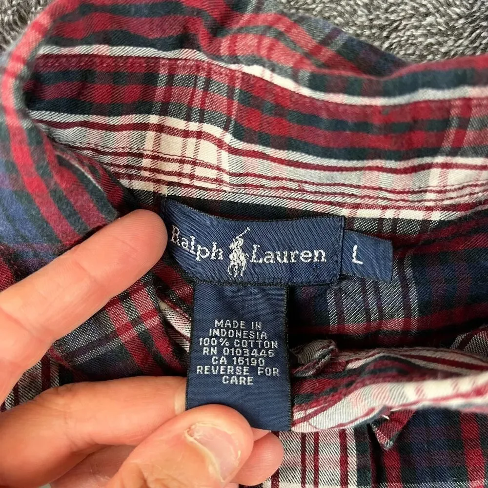 Ralph Lauren Button Up Boys L Long Sleeve Plaid Red Blue Pony Cotton
